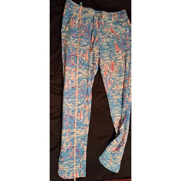 LILLY PULITZER Emora Knit Pant Small Sailboat Catamaran Blue Pink Print 008286 - Picture 10 of 14